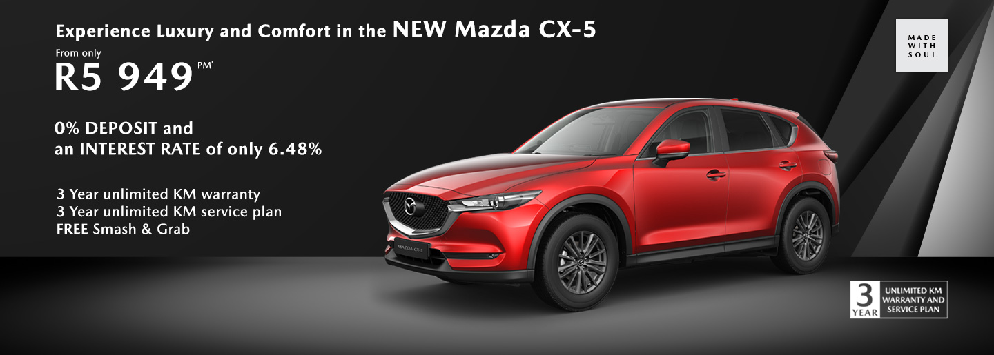 Experience Luxury and Comfort in the New Mazda CX-5 from only R5,949pm* banner