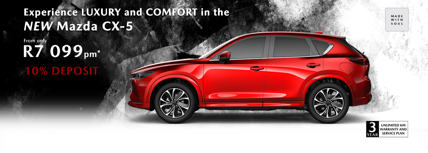 Drive away in a new Mazda CX-5 from only R7 099 pm* banner