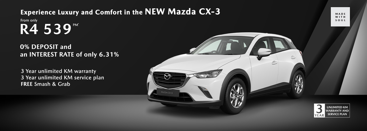 Experience Luxury and Comfort in the New Mazda CX-3 from only R4,539pm* banner